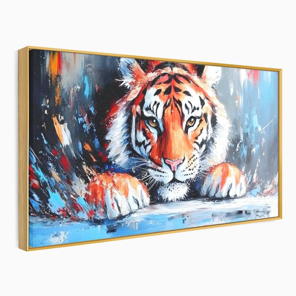 Tablou canvas cu tablou canvas cu pictura de tigru, in rama de aluminiu auriu